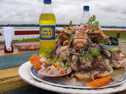 A ceviche with the national beverage Inca Kola / Adrimcm - Flickr.com